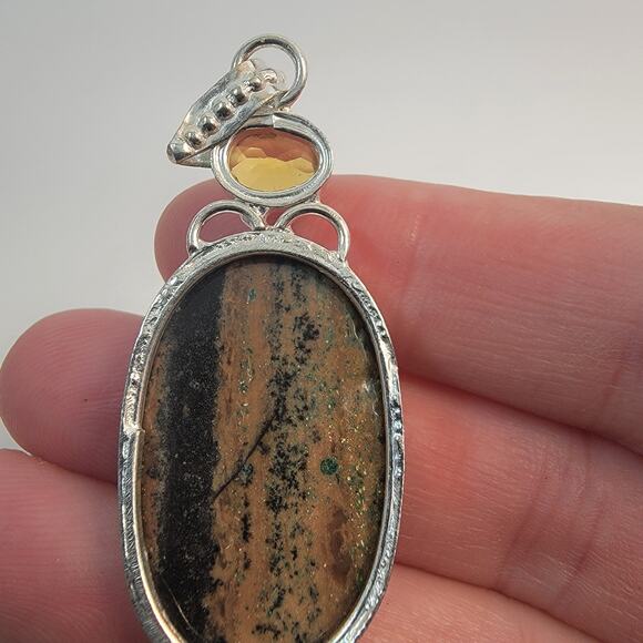 Handmade Sterling Silver Pendant Necklace Featuring Kambaba Jasper and Citrine - Picture 5 of 10